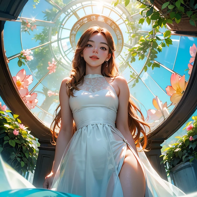 ( Masterpiece, best quality , shot from below , 75mm lens, fisheye:1.2 ), ((pov from below:1.4)), (( beautiful, luxurious, greenhouse dome:1.5, glass panels, plants of colours, vibrant , extreme high detailed, intricate details )). ( 1woman_/(kimtaeyeon/), narrow face, strong jaw, [plump cheeks], transparent glasses, dark hair with blonde highlights, loving smile, beautiful eyes, caring smile, wearing beach summer ootd ), ( cinematic lighting, backlit, soft light)