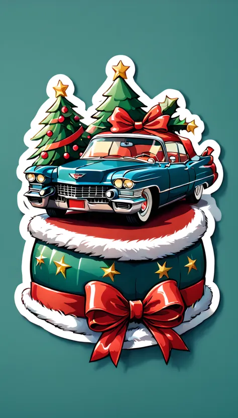 A cute, detailed Christmas sticker of a Cadillac, ribbon, 4k, illustration, ultra detailed