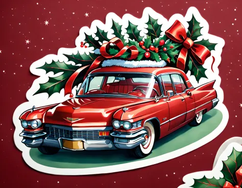 A cute, detailed Christmas sticker of a Cadillac, ribbon, 4k, illustration, ultra detailed