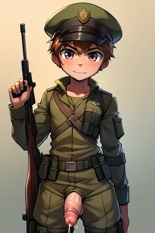 cute soldier boy, holding rifle, young soldier boy, dick, cock, cum, in warzone