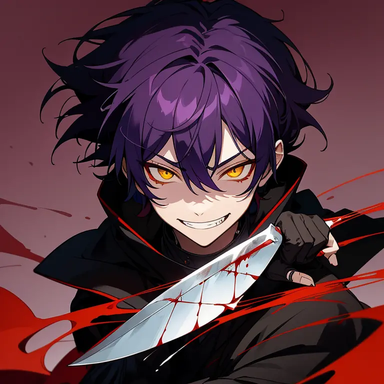 1 boy, dark purple hair, yellow eyes, black noble cloth, calm face, handsome, bored face, villain, blood everywhere, grin, blood...