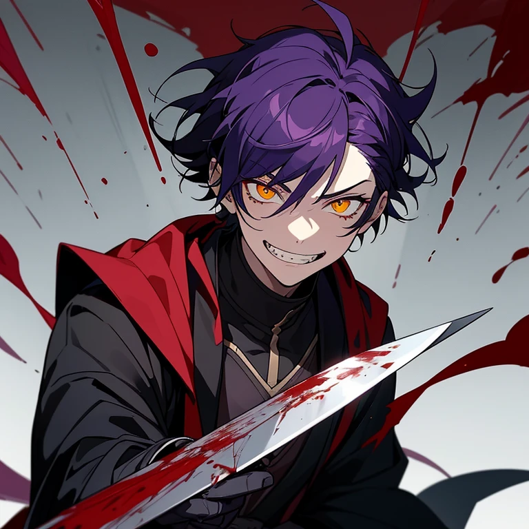 1 boy, dark purple hair, yellow eyes, black noble cloth, calm face, handsome, bored face, villain, blood everywhere, grin, blood on the face, blood on the cloth, crazy face, Laugh, armed with a bloody chopping knife, 15 years old boy, glowing yellow eyes, psychopath smile