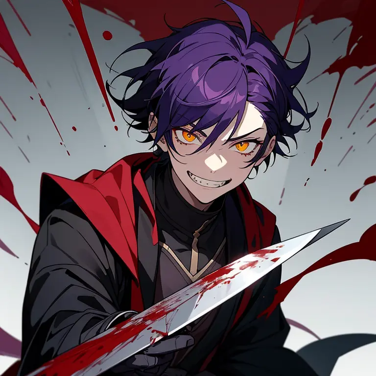 1 boy, dark purple hair, yellow eyes, black noble cloth, calm face, handsome, bored face, villain, blood everywhere, grin, blood...