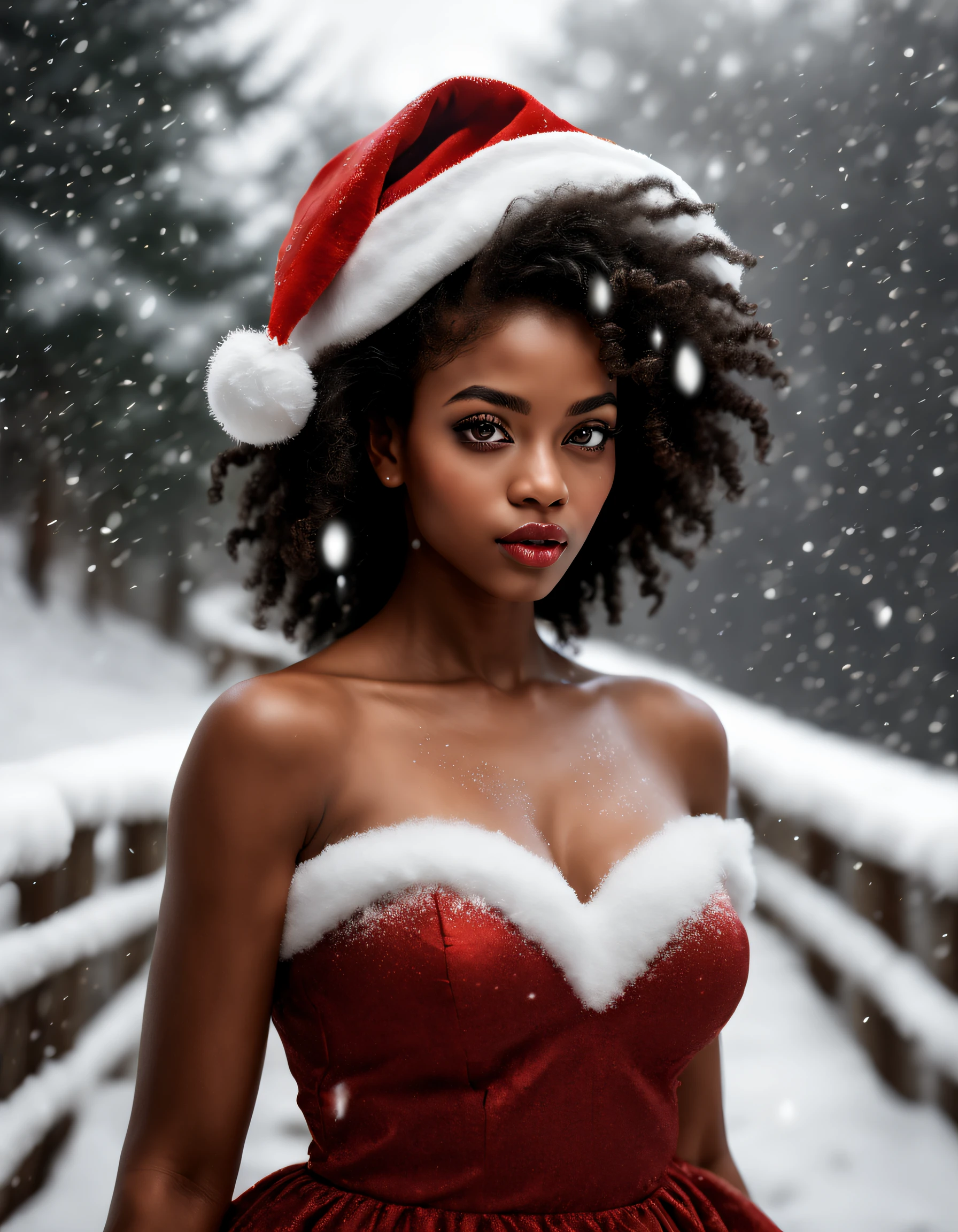 (更好的质量, 现实主义者: 1,37), 女人黑皮肤非洲详细的脸, 美丽细致的棕色眼睛, 美丽细致的嘴唇, 长睫毛, 圣诞老人帽子, 红色丝绸连衣裙, 天空飘落的雪花, 冬天风景, 舒适的氛围, 暖光, 蓬松的雪花, 平静的表情, 细腻的笔触, retrato 现实主义者, 鲜艳的色彩, 节日主题