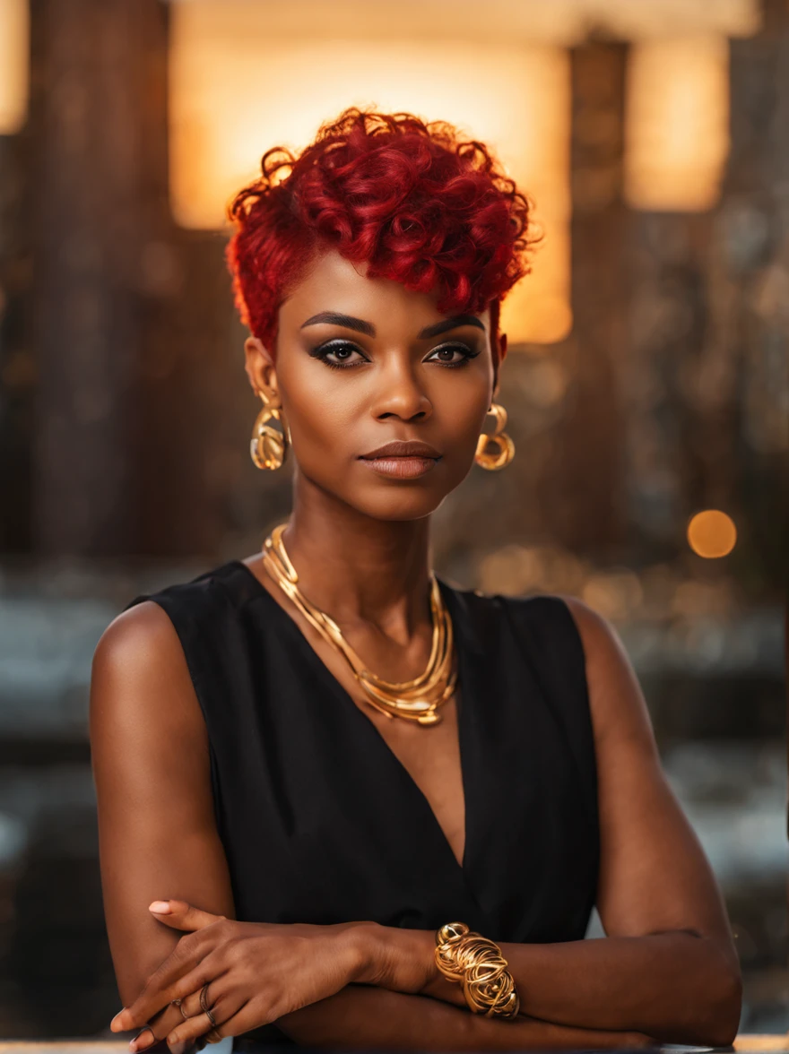 Realistic portrait of fashion black woman with red short pixie hair, black woman wearing fancy dress, intricate and awesome face facing camera, gold hoop earrings, (masterpiece:1.2), centered shot, sunset lights, architect office on background