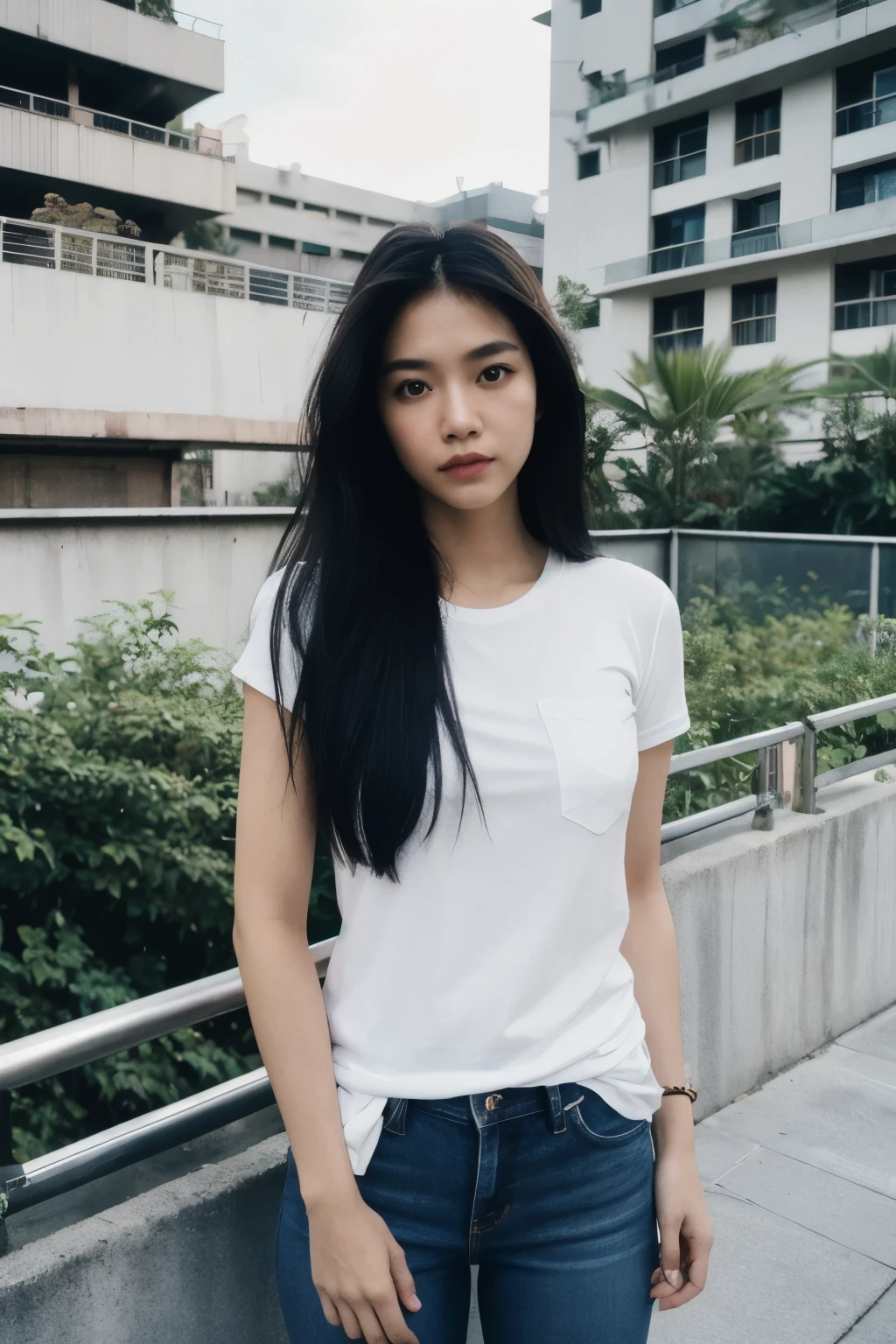 Thai Woman, look at the viewer, Long hair, tshirt , Jeans, (Urban roof), Film grain, rim light, upper-body, a closeup of a, hands in pocket