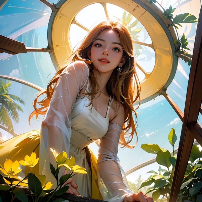 ( Masterpiece, best quality , shot from below , 75mm lens, fisheye:1.2 ), ((pov from below:1.4)), (( beautiful, luxurious, greenhouse dome:1.5, glass panels, plants of colours, vibrant , extreme high detailed, intricate details )). ( 1woman_/(kimtaeyeon/), narrow face, strong jaw, [plump cheeks], transparent glasses, dark hair with blonde highlights, loving smile, beautiful eyes, caring smile, wearing beach summer ootd ), ( cinematic lighting, backlit, soft light)