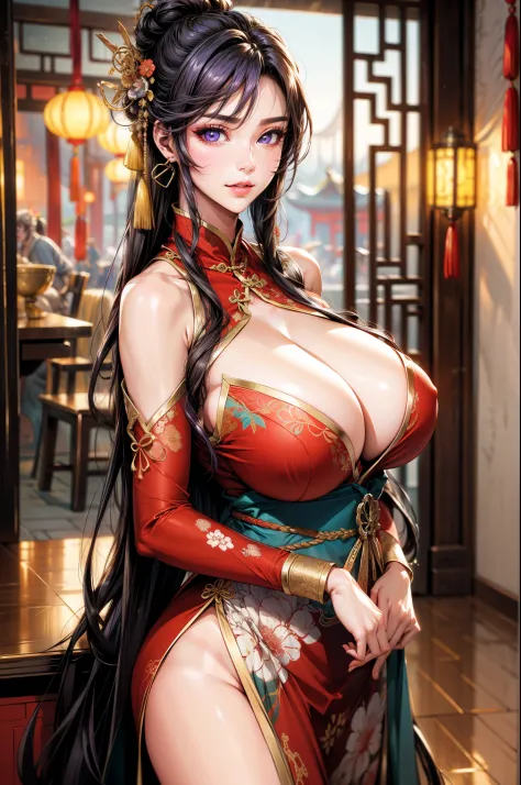 best quality, masterpiece, extremely detailed CG, extremely detailed 8K wallpaper, standing, HDR ,1girl, solo, indoors, Chinese brothel, cowboy shot, solo, looking at viewer, beautiful courtesan, long hair, courtesan clothes, straight hair, intricate detai...
