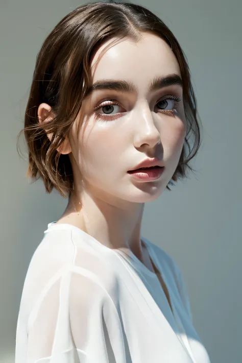 Lily Collins、thick eyebrow、white walls、white  shirt、(whole head)、Shorthair、Troubled face、Gloss、shadowy