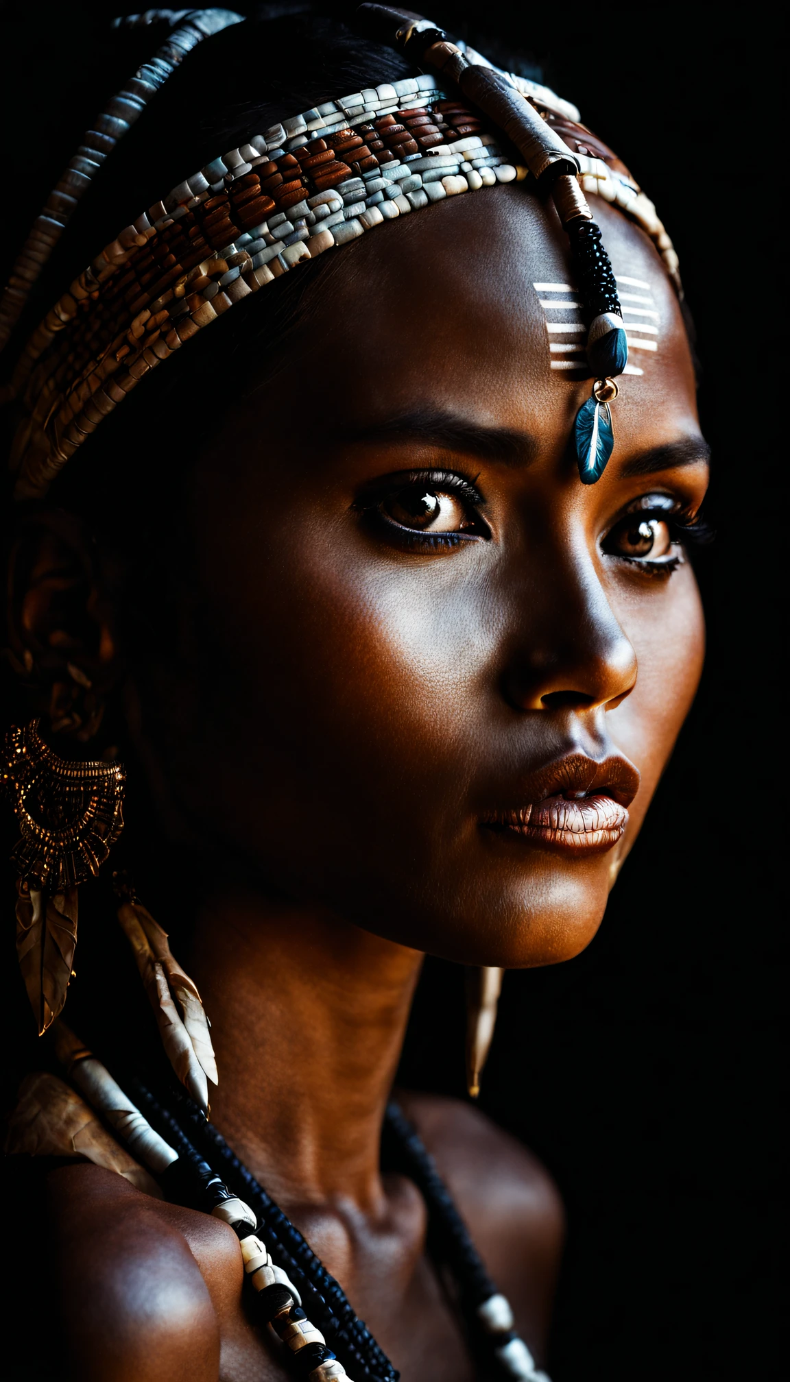 Chiaroscuro-Stil schönes Stammesfrauen-Porträt . Hoher Kontrast, dramatische Beleuchtung, ausführlich