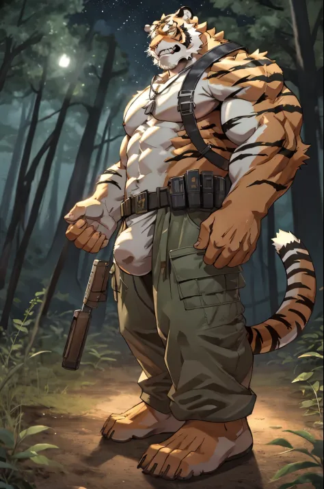 solo, kemono, (tiger), anthro, male, ((orange body)), military, guns on the floor, tail, muscles, handsome, dogtag, shirtless, big dick, thick dick, forest, fantasy, outdoors, outside, dark, night, forest, stars, standing, toe claws, epic, depth of field, ...