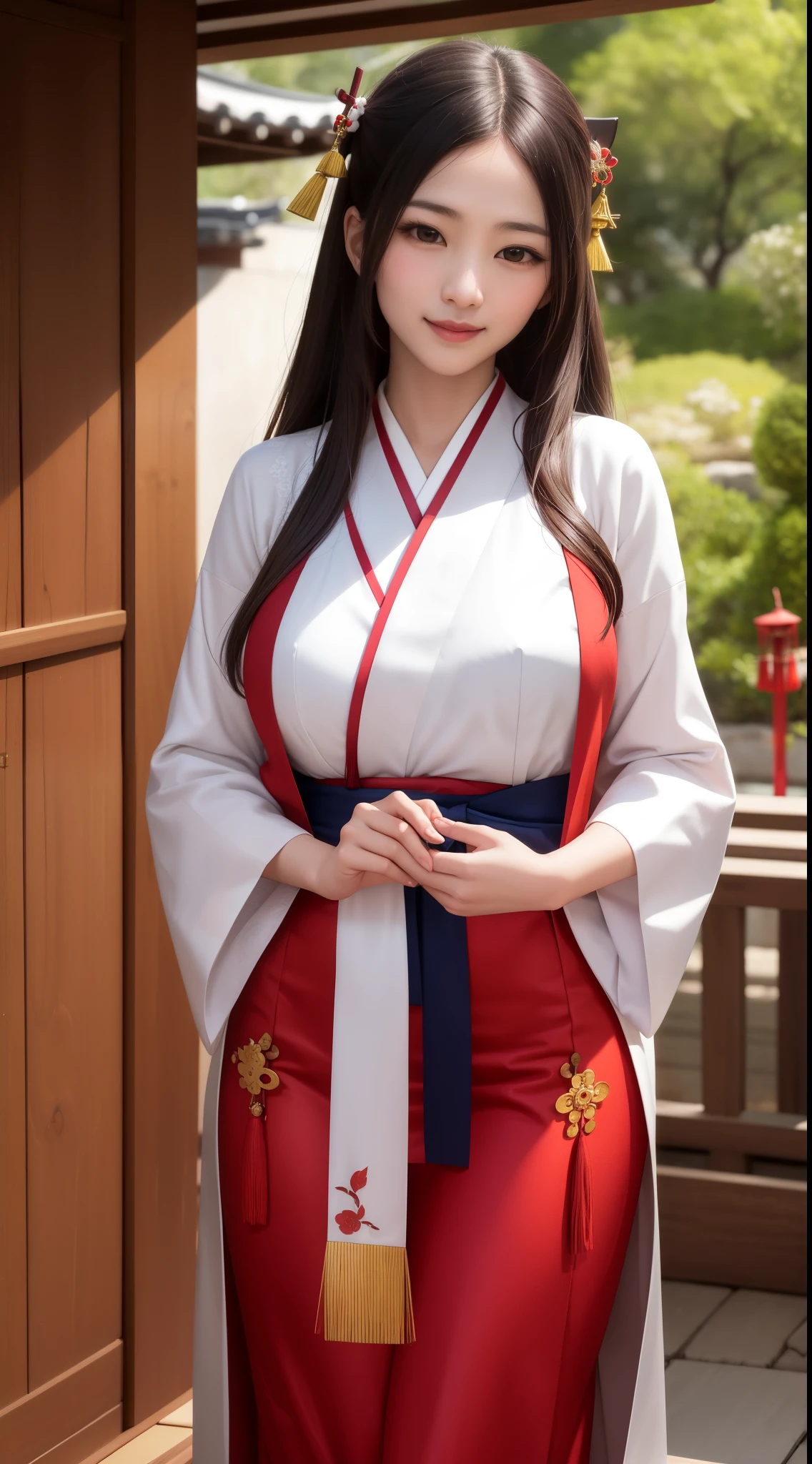 In the serene embrace of a Japanese Shinto shrine, behold a photo of a beautiful miko. Dressed in traditional robes adorned with sacred symbols, she carries an air of reverence and grace. With a gentle smile, she performs sacred rituals, embodying the spirit of the shrine's ancient traditions. (Serene, Sacred, Graceful), (Traditional miko attire:1.3), (Intricate details:1.2), (Photorealistic:1.2), (Reverent, Tranquil, Spiritually-connected), inspired by the timeless art of Utagawa Hiroshige and the spiritual essence of Shinto practices, smile, big breasts,