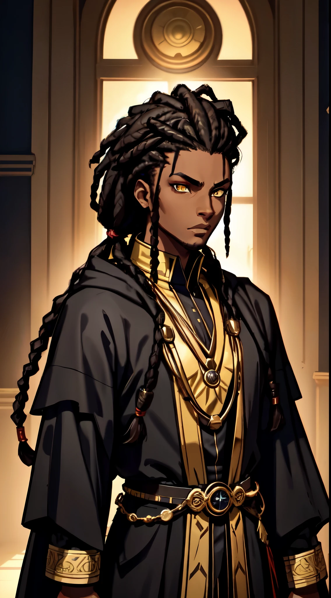 un (Afro-américain) mâle, with sombre black (dreadlocks), les yeux jaunes, sombre (peau brune), (assassin royal), robes sith, prince démon, Photo en gros plan, composition parfaite, hyper détaillé, 8k, Haute qualité, (yeux parfaits), art tendance, netteté, photographie en studio, détails complexes, pose d&#39;action