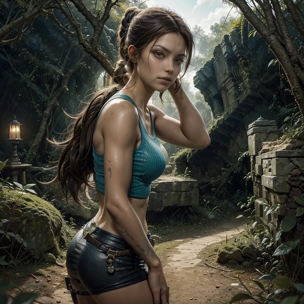 Sexy Lara Croft Tomb Raider, explorando ruinas antiguas. (mejor calidad,ultra detallado),Lara Croft,aventurero,peligroso,mujer joven,fuerte,corajudo,atlético,cazador de tesoros,Valiente,el pelo largo y castaño,usando pantalones cortos tipo cargo,Botas de combate, (((Camiseta sin mangas roja))) , ((blanco,)), dorado),corajudo e realista,iluminación de alto contraste,Muros de piedra cubiertos de musgo,follaje tropical,colores vívidos, Tampo tanque azul, escote, tetas grandes, cola de caballo trenzada, Solo, 1mujer joven, manos a los lados, Piel grasa, Mamilos alegre, sexy, malcriado (( ambiente brillante pezones grandes))