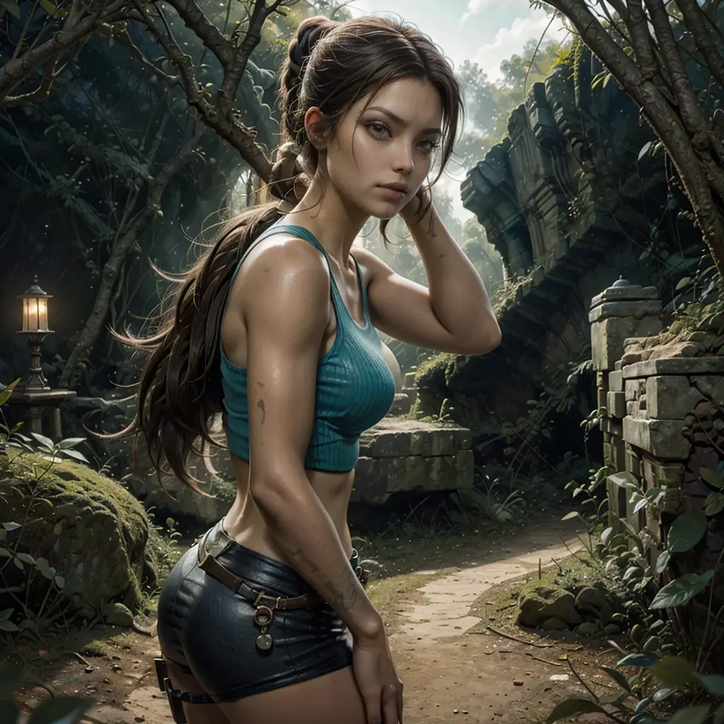 sexy Lara Croft Tomb Raider, exploring ancient ruins. (best quality,ultra-detalhado),Lara Croft,aventureiro,perigoso,young  woma...