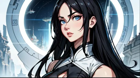 A (Chinese) female, with long dark (black) hair, blue eyes, pale (grey skin), (athletic), tall woman, (alluring fighter), (cute)...