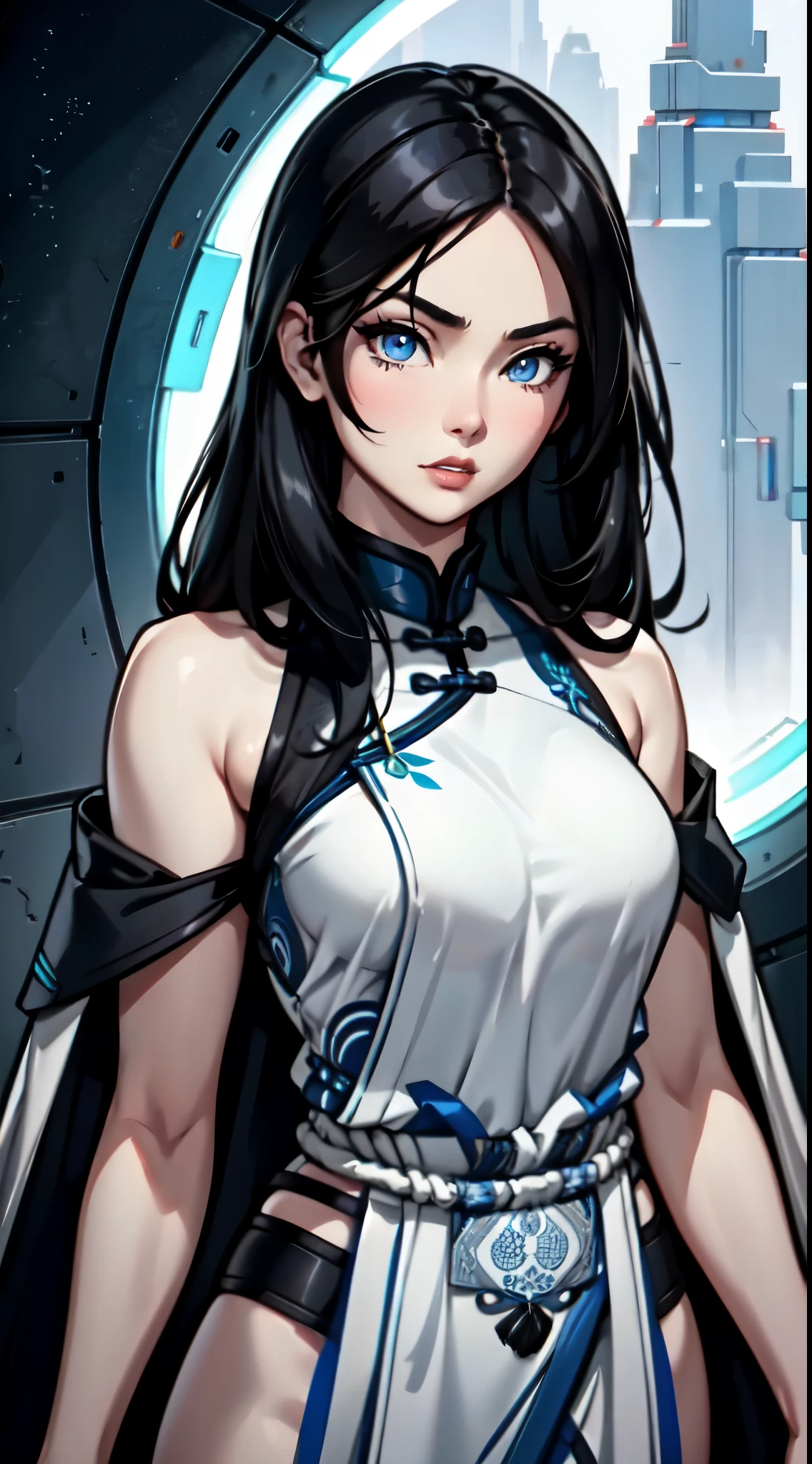 A (Chinese) female, with long dark (black) hair, blue eyes, pale (grey skin), (athletic), tall woman, (alluring fighter), (cute) martial-arts garb, (humanoid) alien, (Sci-fi) fantasy, (close-up shot), perfect composition, hyper-detailed, 8K, high quality, (perfect eyes), trending art, sharp focus, studio photo, intricate details, (Pin-up) pose