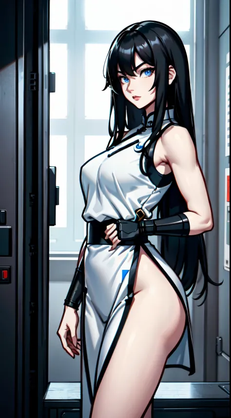 A (Chinese) female, with long dark (black) hair, blue eyes, pale (grey skin), (athletic), tall woman, (alluring fighter), (cute) martial-arts garb, (humanoid) alien, (Sci-fi) fantasy, (medium shot), perfect composition, hyper-detailed, 8K, high quality, (p...