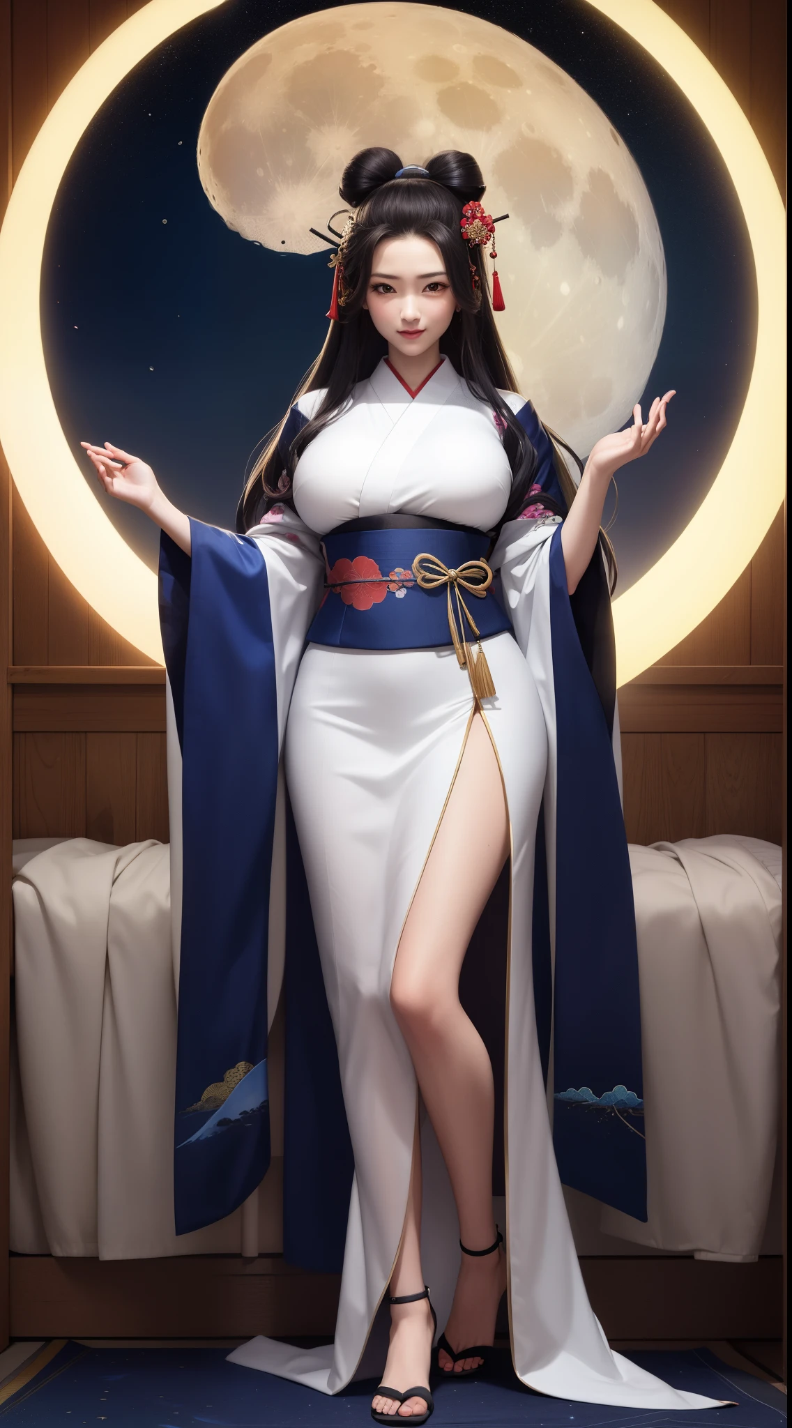 Tsukuyomi, ancient shinto goddess of the moon, long silver hair, long ornate midnight blue and white kimono, (in ukiyo-e style:1.3), large moon background, (full body portrait), ethereal, mysterious, eerie, divine, godly, powerful, breathtaking, masterpiece, artful, delicate, soul, complex background, gorgeous, extremely intricate details, smile, big breasts, (yoshitaka amano), (hokusai),
