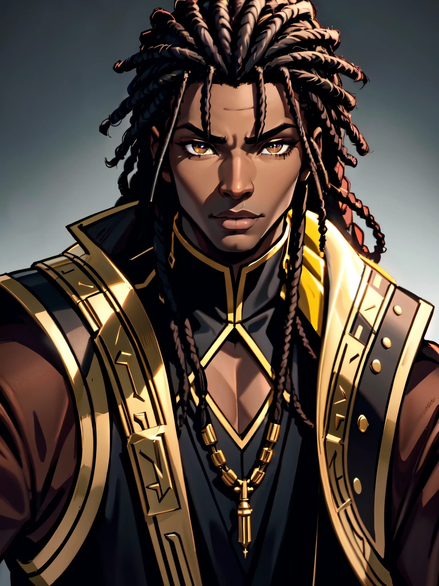 un (Afro-américain) mâle, with sombre (noir dreadlocks), sombre (peau brune), Yeux dorés, démoniaque (prince), (jeune) Assassin, (noir) Assassin garb, saint (Demi-démon), (unti-hero), (mage) Assassin, (science-fiction) fantaisie, (Photo en gros plan), composition parfaite, hyper détaillé, 8k, Haute qualité, (yeux parfaits), netteté, photographie en studio, détails complexes, (Action) Pose, 1garçon