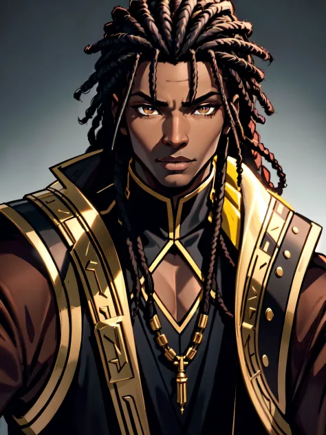 An (African-American) male, with dark (black dreadlocks), dark (brown skin), golden eyes, demonic (prince), (young) assassin, (black) assassin garb, holy (half-demon), (Anti-hero), (Mage) assassin, (Sci-fi) fantasy, (close-up shot), perfect composition, hy...