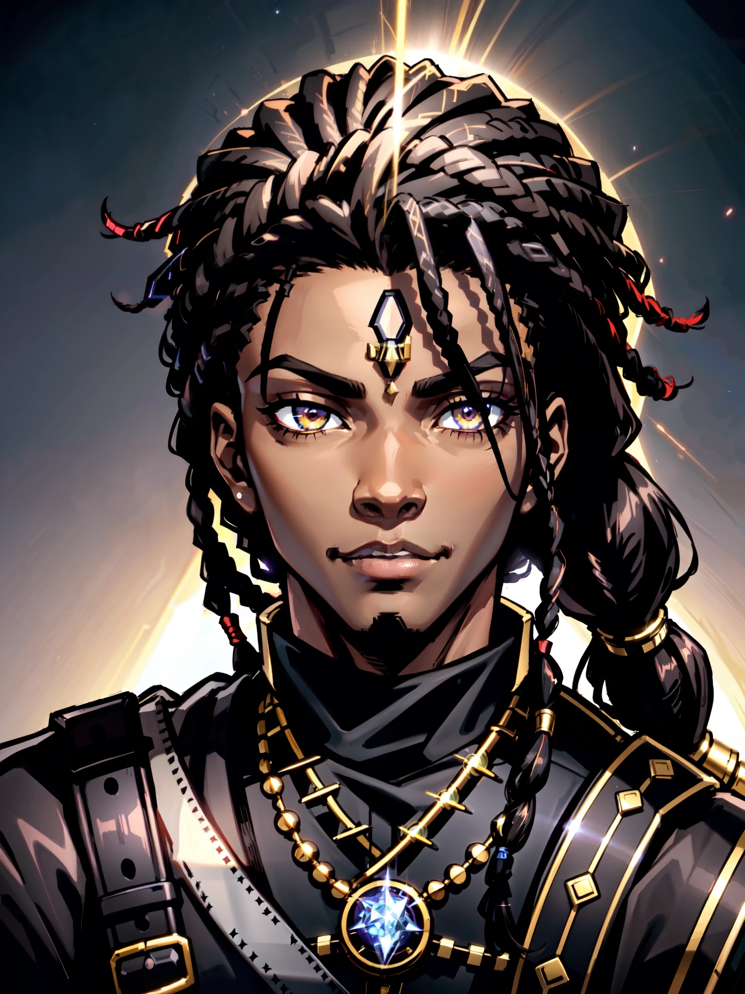 An (African-American) male, with dark (black dreadlocks), dark (brown skin), golden eyes, demonic (prince), (young) assassin, (black) assassin garb, holy (half-demon), (Anti-hero), (Mage) assassin, (Sci-fi) fantasy, (close-up shot), perfect composition, hyper-detailed, 8K, high quality, (perfect eyes), sharp focus, studio photo, intricate details, (action) pose, 1boy