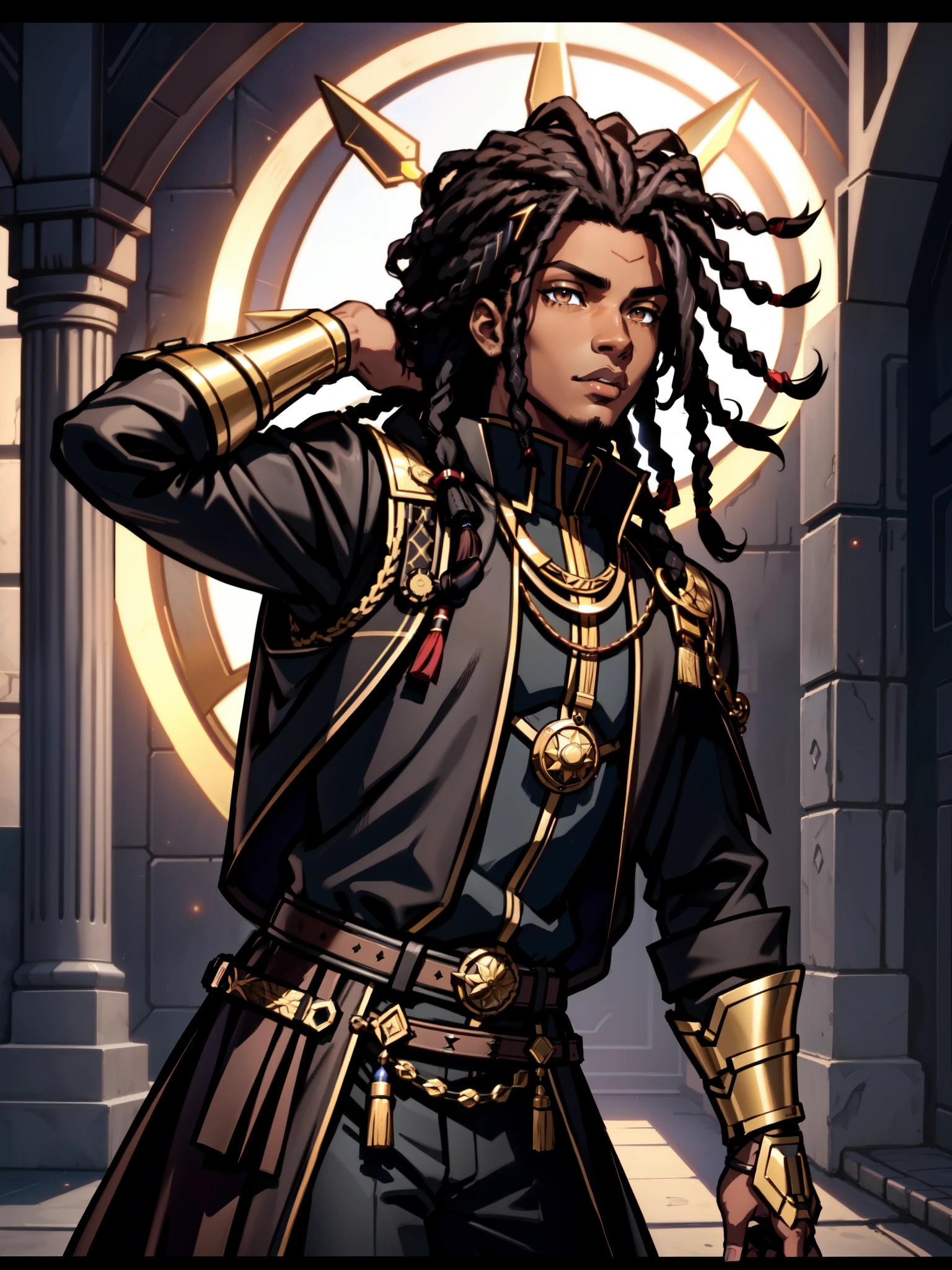 An (African-American) male, with dark (black dreadlocks), dark (brown skin), golden eyes, demonic (prince), (young) assassin, (black) assassin garb, holy (half-demon), (Anti-hero), (Mage) assassin, (Sci-fi) fantasy, (close-up shot), perfect composition, hyper-detailed, 8K, high quality, (perfect eyes), sharp focus, studio photo, intricate details, (action) pose, 1boy