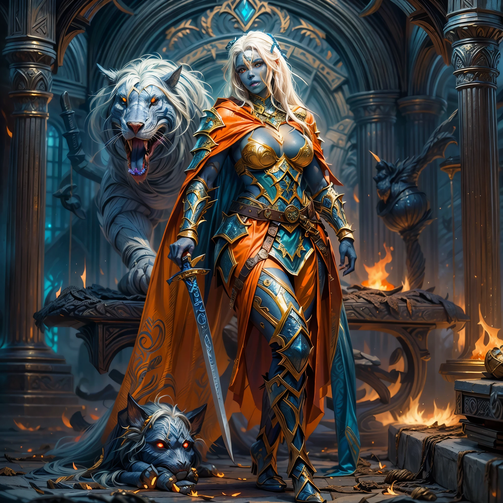 A woman in armor standing next to a white tiger - SeaArt AI