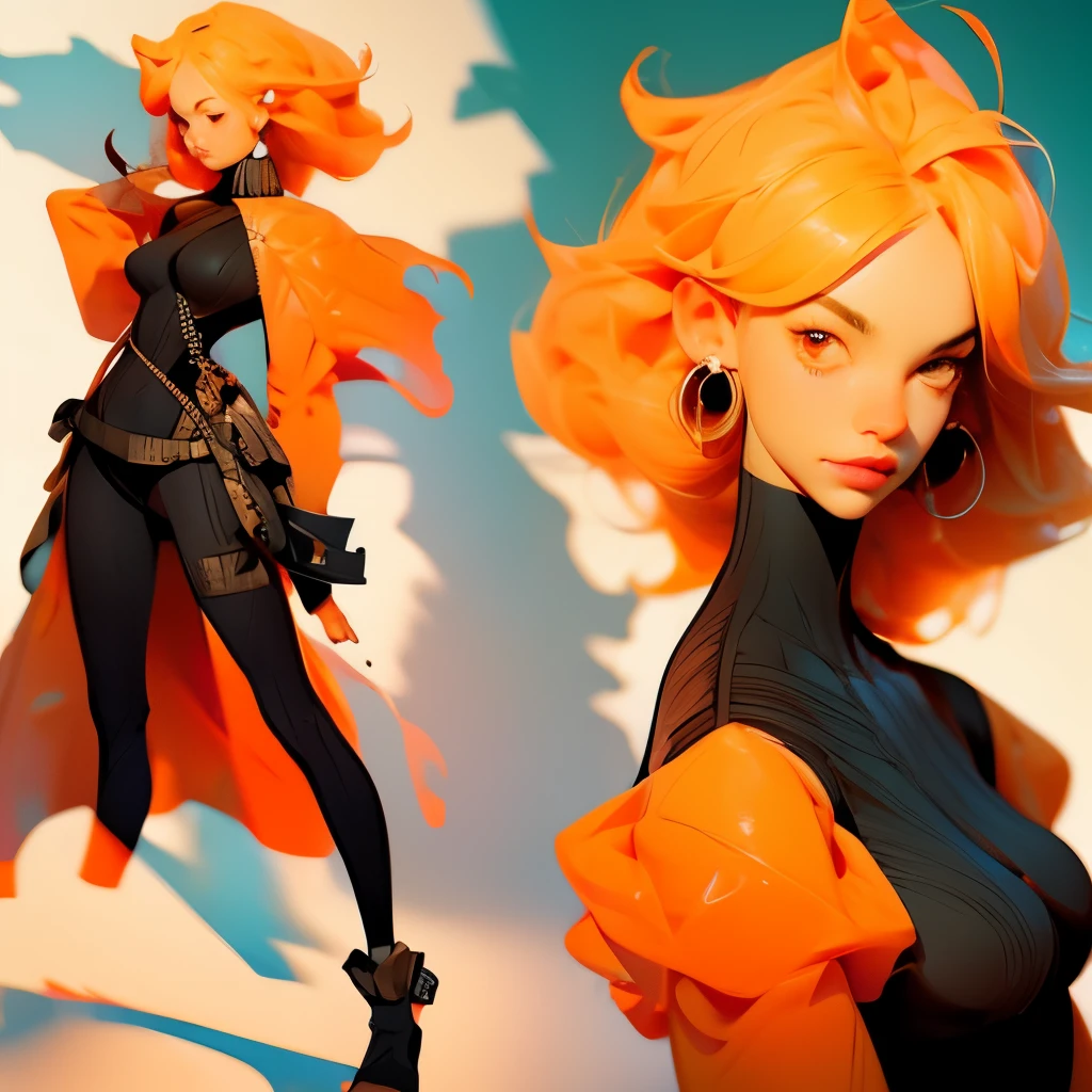 A female, full body, kicking, nami of one piece, character sheet, nude, orange hair, large , big breast, pale skin, orange eyes, fight pose, dinamic angle.