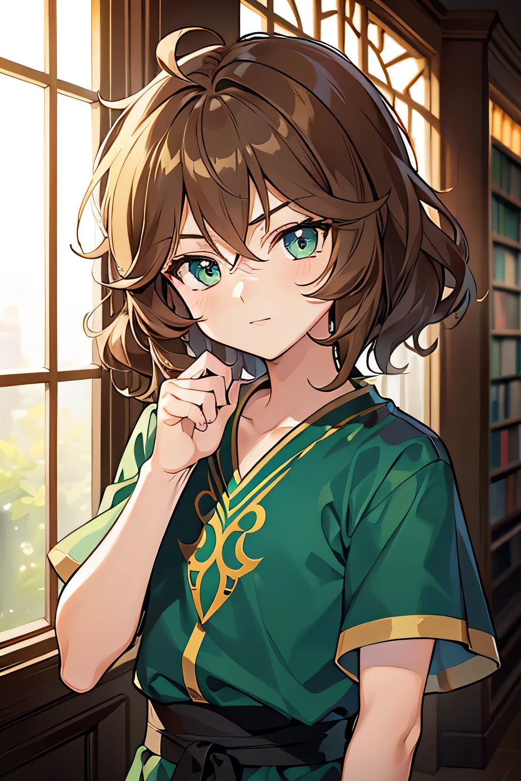 (high quality, gorgeous), (expressive eyes, perfect face) portrait, 1 child, young guy, 14 year old, Alone, preadolescent, young guy, brown hair, green eyes, wavy hair, soft smile, short hair, wavy hair, styled hair, looking at the viewer, ancient arabic clothing, Blue long sleeve shirt, eyes slightly narrowed,  face, adolescent, calm expression, shout similar to Hypnos Saint Seiya. Inside an English library.