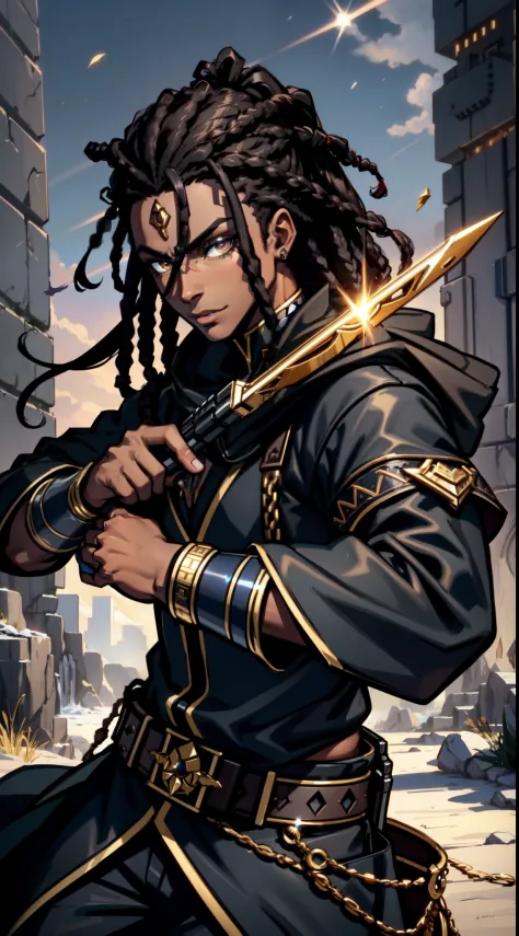 An (African-American) male, with dark (black dreadlocks), dark (brown skin), golden eyes, demonic (prince), (young) assassin, (black) assassin garb, holy (half-demon), (Anti-hero), (Mage) assassin, (Sci-fi) fantasy, (close-up shot), perfect composition, hy...
