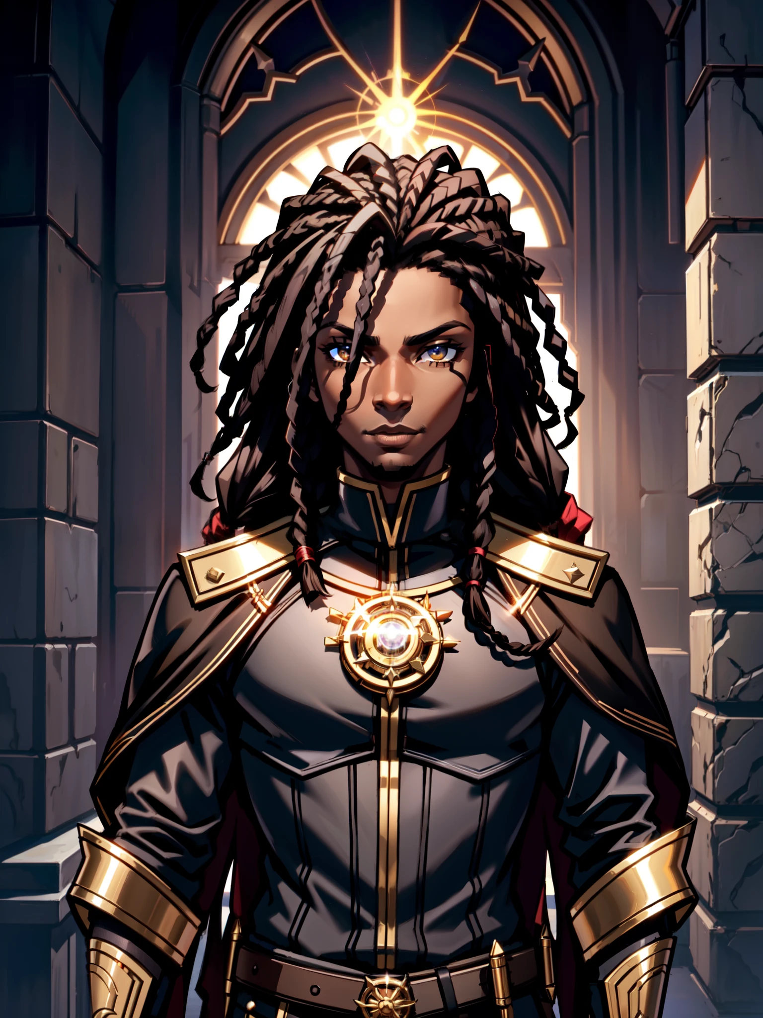 An (African-American) male, with dark (black dreadlocks), dark (brown skin), golden eyes, demonic (prince), (young) assassin, (black) assassin garb, holy (half-demon), (Anti-hero), (Mage) assassin, (Sci-fi) fantasy, (close-up shot), perfect composition, hyper-detailed, 8K, high quality, (perfect eyes), sharp focus, studio photo, intricate details, (action) pose, 1boy