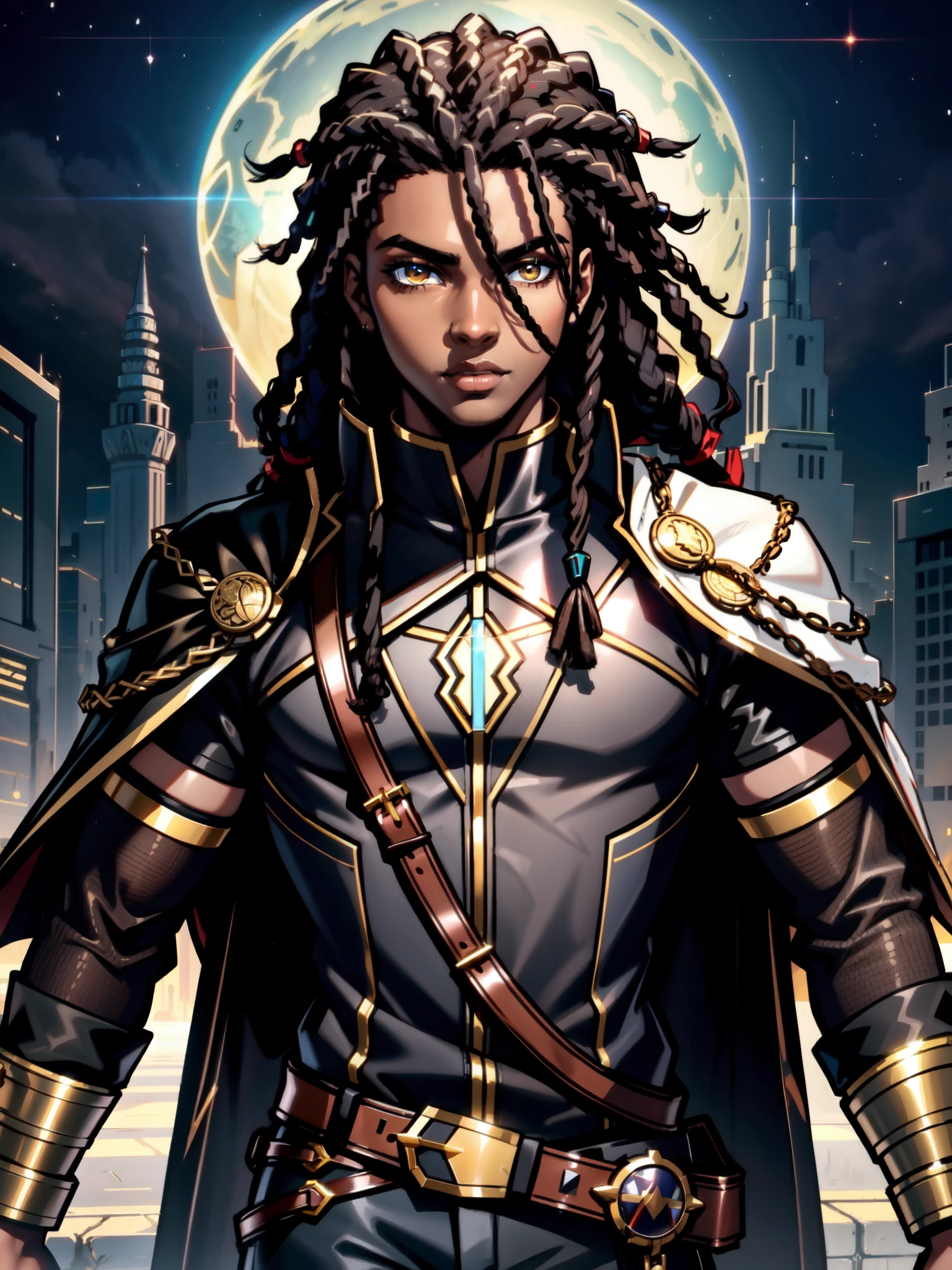 An (African-American) male, with dark (black dreadlocks), dark (brown skin), golden eyes, demonic (prince), (young) assassin, (black) assassin garb, holy (half-demon), (Anti-hero), (Mage) assassin, (Sci-fi) fantasy, (close-up shot), perfect composition, hyper-detailed, 8K, high quality, (perfect eyes), sharp focus, studio photo, intricate details, (action) pose, 1boy