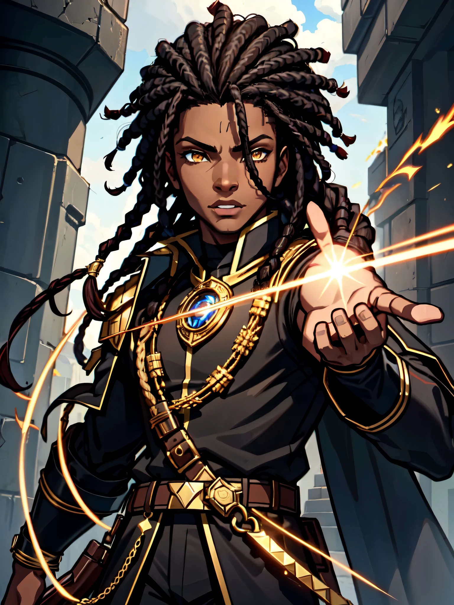 An (African-American) male, with dark (black dreadlocks), dark (brown skin), golden eyes, demonic (prince), (young) assassin, (black) assassin garb, holy (half-demon), (Anti-hero), (Mage) assassin, (Sci-fi) fantasy, (close-up shot), perfect composition, hyper-detailed, 8K, high quality, (perfect eyes), sharp focus, studio photo, intricate details, (action) pose, 1boy