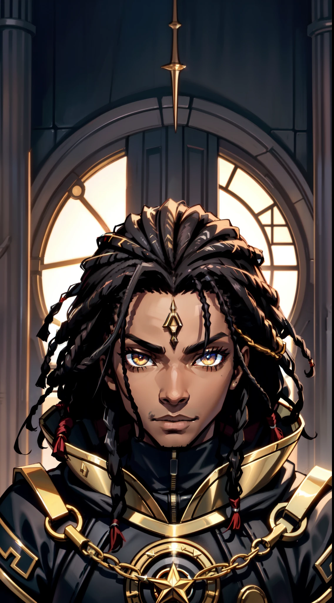 An (African-American) male, with dark (black dreadlocks), dark (brown skin), golden eyes, demonic (prince), (young) assassin, (black) assassin garb, holy (half-demon), (Anti-hero), (Mage) assassin, (Sci-fi) fantasy, (close-up shot), perfect composition, hyper-detailed, 8K, high quality, (perfect eyes), sharp focus, studio photo, intricate details, (action) pose, 1boy
