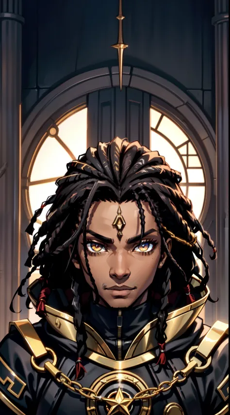An (African-American) male, with dark (black dreadlocks), dark (brown skin), golden eyes, demonic (prince), (young) assassin, (b...