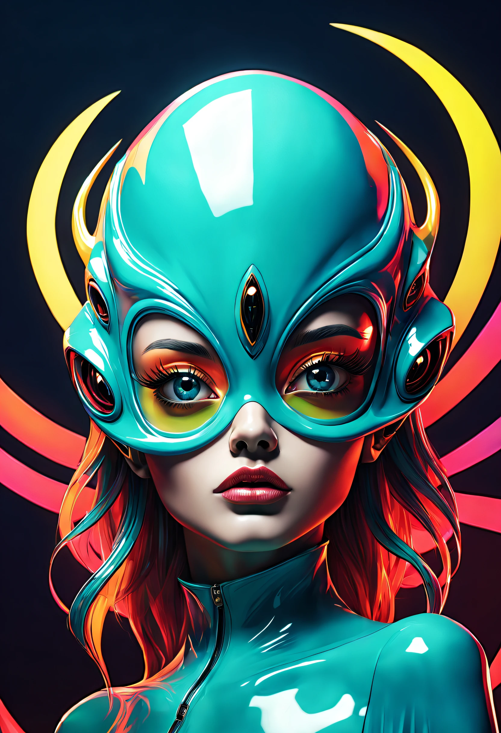 in a funky background portrait of little alien woman, Prominent eyes, funky background, illustration, anime, vector, nft, azuki style, anime style, cowboy shot,digital multi colored, slick bold design, clean, glossy lines, digital illustration, gloss finish, funky aesthetic, impeccable detail, awesome visual impact, endowed with gloss finish, bathed in volumetric lighting, refined by Add_Details_XL-fp16 algorithm, 4D octane rendering, infused with global illumination and precise line art, softened through macros, executed with V-Ray, epitome of visionary art, nuanced by elegant perfectionism and pop art consumerism, infused, aw0k euphoric style --niji 50 --testp --chaos 50