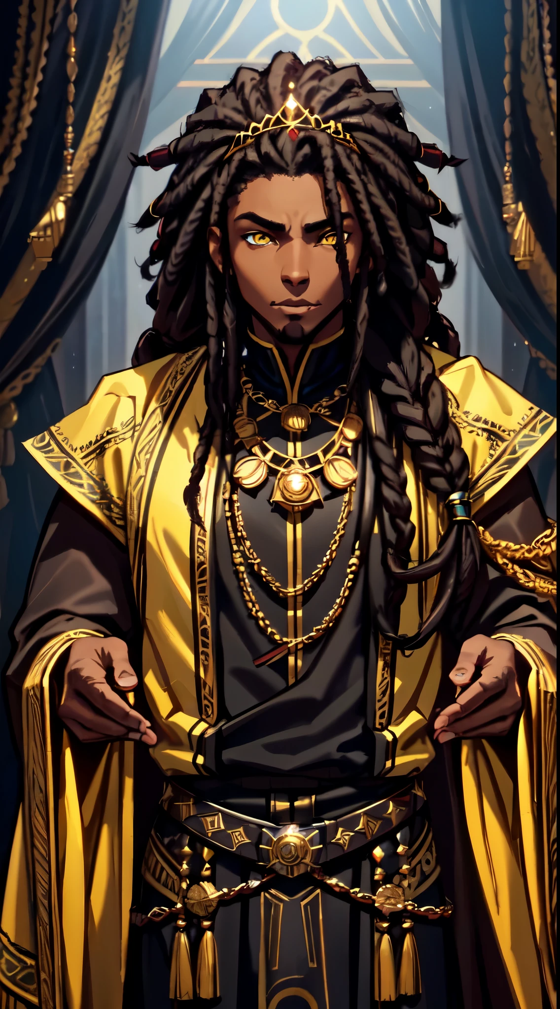 An (African-American) male, with dark black (dreadlocks), yellow eyes, dark (brown skin), (regal assassin), royal garb, demon prince, close-up shot, perfect composition, hyper-detailed, 8K, high quality, (perfect eyes), trending art, sharp focus, studio photo, intricate details, action pose