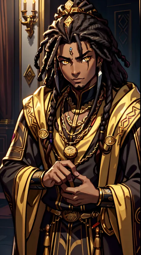 An (African-American) male, with dark black (dreadlocks), yellow eyes, dark (brown skin), (regal assassin), royal garb, demon pr...