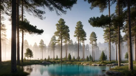 Imagen de un bosque de pinos con un lago al fondo., Vintage oil paintings style., High resolution (4k, 8k), High resolution text...