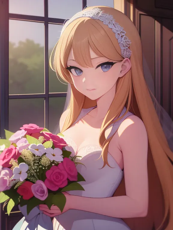 in 8k、top-quality、​masterpiece、ultra-detailliert、ultra-high resolution、anime style、a blond、braided hair、weddingdress、wedding bou...