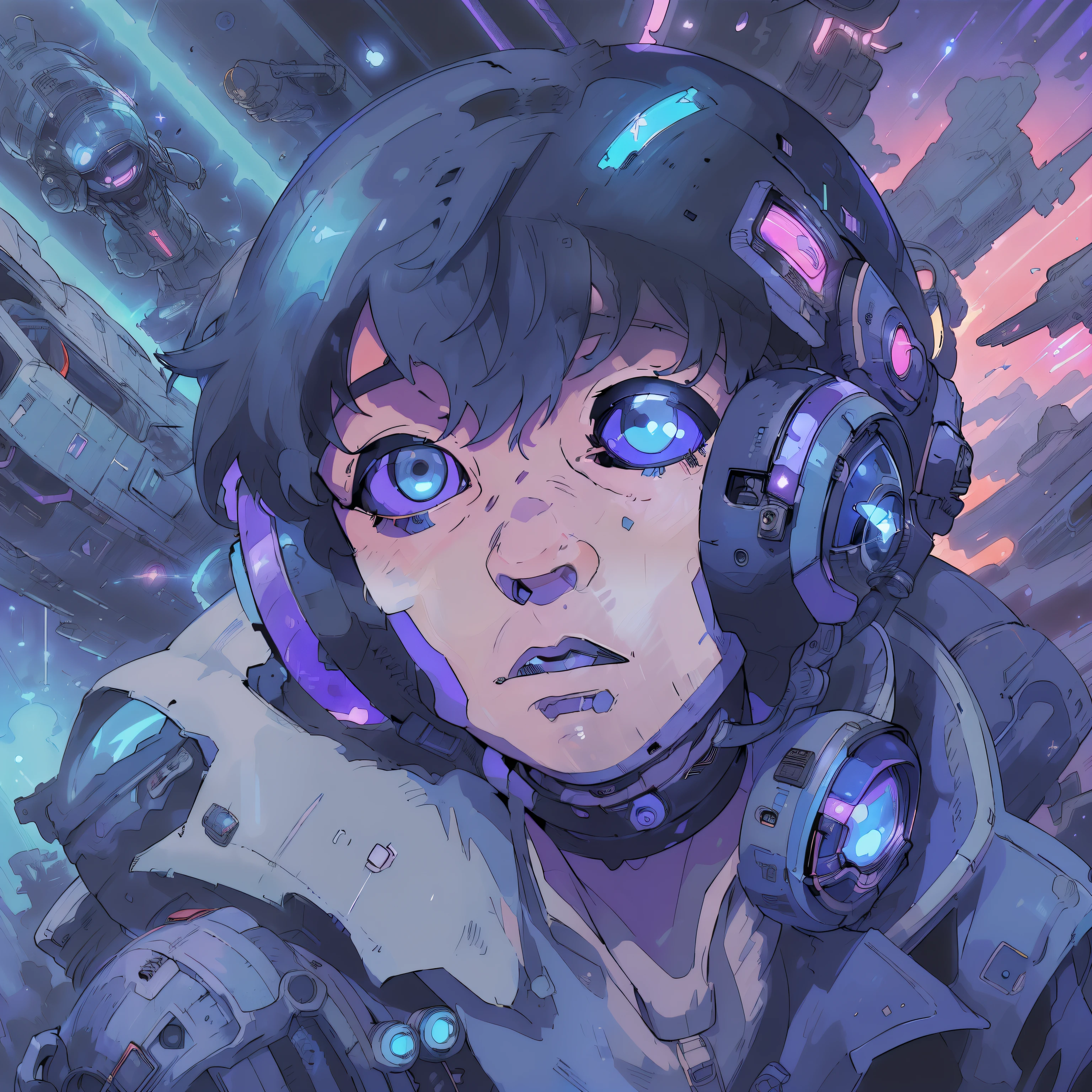 (boy in a spacesuit),(anime style90),(Best Quality,HD:1.2),(cyberpunk theme),(programmer),(Space in the background),Vivid colors,neon lights,Detailed helmet,high-end technology,lines of code,keyboard,futuristic city,glowing screens,Sci-fi elements,a starry sky,moon in the distance,cybernetic enhancements,high-tech gadgets,dreamy atmosphere,outer space,Cosmic Energy,Action-packed,Energetic posture,exciting scenes,sharp-focus,Secret Mission,Adventures in the unknown,dark shadows,Technological advances,mysterious aura,A dystopian future,A masterpiece of art,Ultra-detailed, Intense expressions,Electric blue shades,Sleek design,anime cover