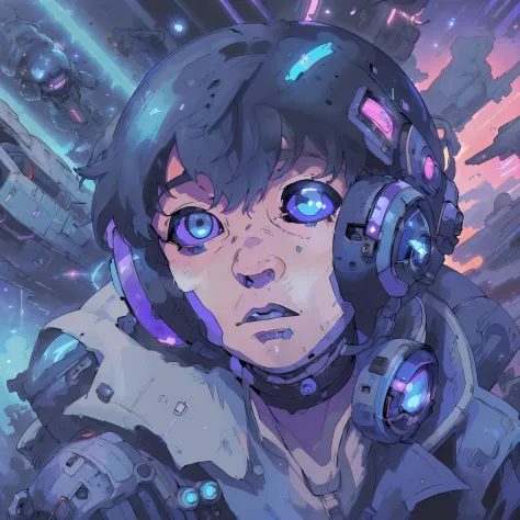 (boy in a spacesuit),(anime style90),(best quality,hd:1.2),(cyberpunk theme),(programmer),(space in the background),vivid colors...