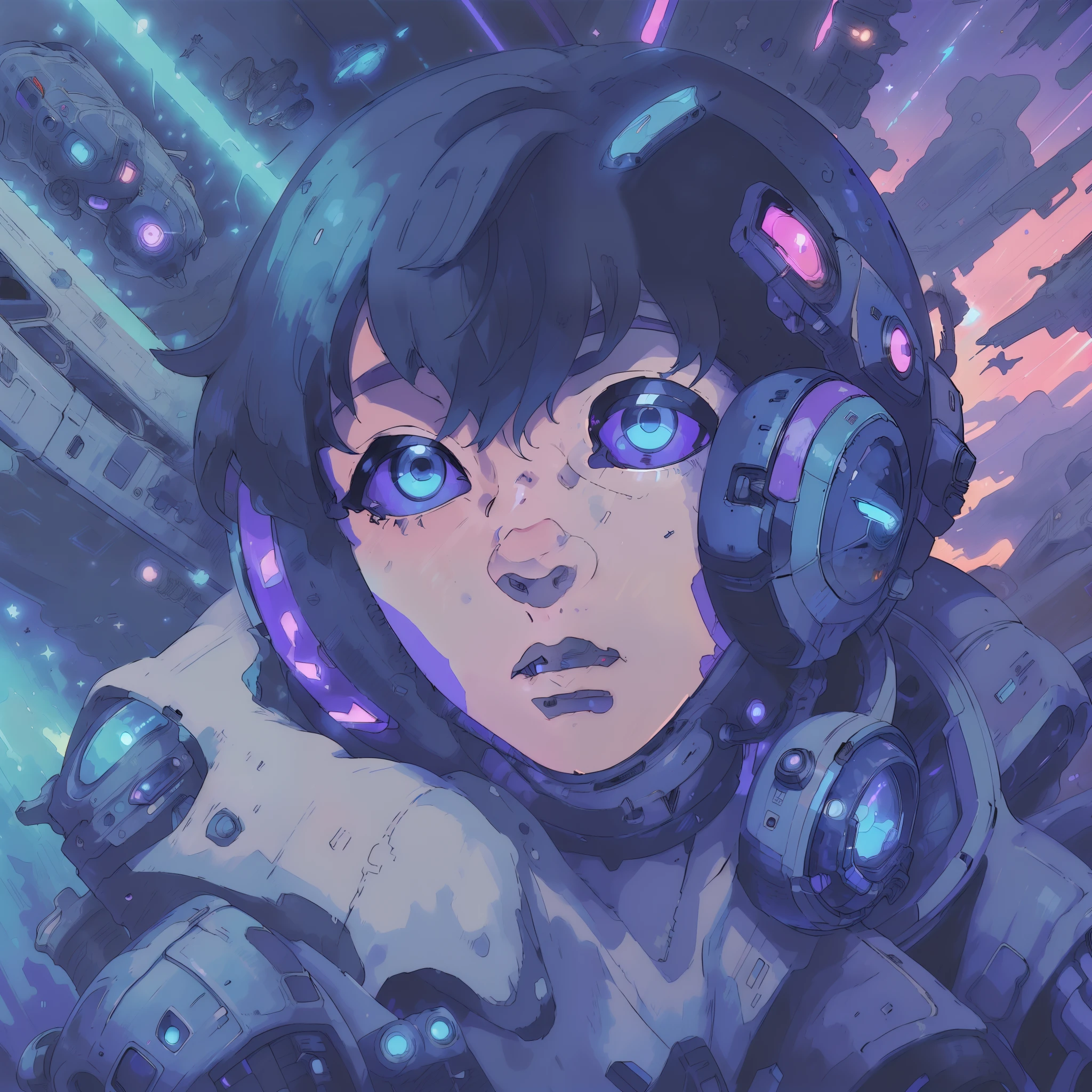 (boy in a spacesuit),(anime style90),(Best Quality,HD:1.2),(cyberpunk theme),(programmer),(Space in the background),Vivid colors,neon lights,Detailed helmet,high-end technology,lines of code,keyboard,futuristic city,glowing screens,Sci-fi elements,a starry sky,moon in the distance,cybernetic enhancements,high-tech gadgets,dreamy atmosphere,outer space,Cosmic Energy,Action-packed,Energetic posture,exciting scenes,sharp-focus,Secret Mission,Adventures in the unknown,dark shadows,Technological advances,mysterious aura,A dystopian future,A masterpiece of art,Ultra-detailed, Intense expressions,Electric blue shades,Sleek design,anime cover