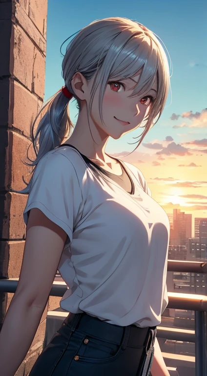 High resolution 8K, NSFW, Bright light illumination, Anime style, Film Portrait Photography, 1woman, dynamic angle, dynamic pose, slender face, a smile, smile, Beautiful Women, ((Sexy Women)), (((Red eyes, Straight hair, pony tail, silver hair, Long hair))), woman wearing a yellow shirt, adult lady, Wear shorts, anime characters in a scene with a sky background, your name movie style, Stills in TV anime, yourname, fiona staples and makoto shinkai, makoto shinkai and bioware, guweiz and makoto shinkai, anime still image, Animated film stills, anime movie screenshot, (Natural skin texture Vibrant details, hyper realistic)