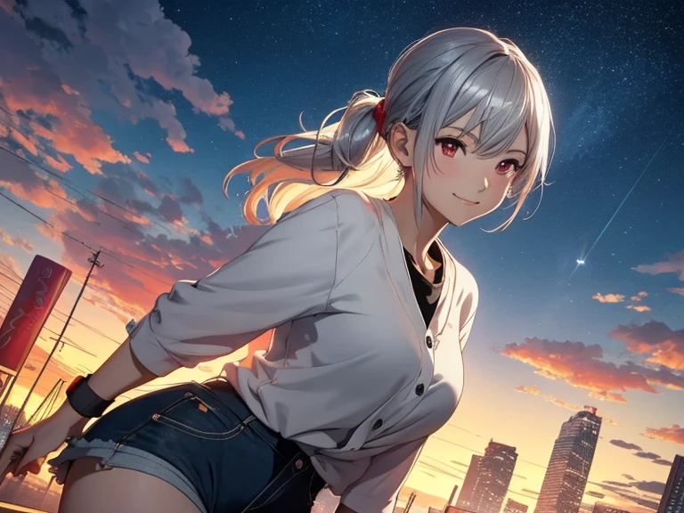 High resolution 8K, NSFW, Bright light illumination, Anime style, Film Portrait Photography, 1woman, dynamic angle, dynamic pose, slender face, a smile, smile, Beautiful Women, ((Sexy Women)), (((Red eyes, Straight hair, pony tail, silver hair, Long hair))), woman wearing a yellow shirt, adult lady, Wear shorts, anime characters in a scene with a sky background, your name movie style, Stills in TV anime, yourname, fiona staples and makoto shinkai, makoto shinkai and bioware, guweiz and makoto shinkai, anime still image, Animated film stills, anime movie screenshot, (Natural skin texture Vibrant details, hyper realistic)