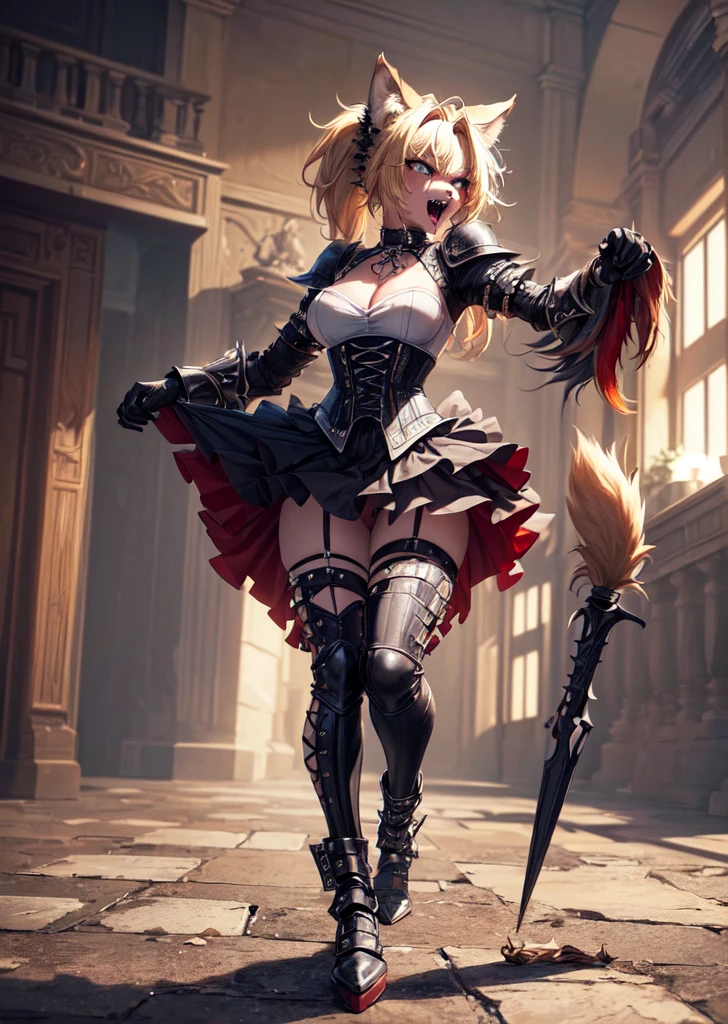 ((best quality, masterpiece, 4k, 8k, high res)), ((Solo)), ((vicious, extremely violent, attacking, fighting)), ((furry; Anthro Wolf)), moist, blonde, attacking, ferocious, fangs, full body, female werewolf, sexy, vibrant colors, (edgy punk hairstyle), knight armor, well-toned abs, Victorian dress, goth corset