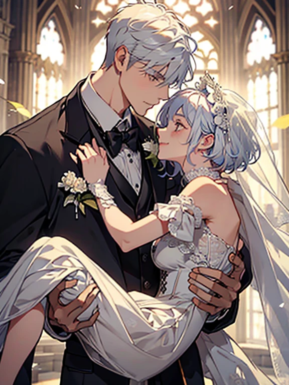 ​master piece,Best Quality,love between male and female couples、Dynamic Pose、girl with(White hair,short-hair、veils、bouquet、Smile,wedding dress,small tits),a handsome man(Orange hair,Boyish hairstyle,tailcoat,well-muscled,Firm shoulder width, cool expression,tall, 33yo)、vow kiss,Body disparity,Blissful、Flower shower,princess carry、blue-sky