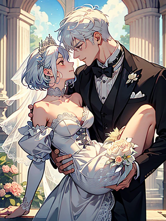 ​master piece,Best Quality,love between male and female couples、Dynamic Pose、girl with(White hair,short-hair、veils、bouquet、Smile,wedding dress,small tits),a handsome man(Orange hair,Boyish hairstyle,tailcoat,well-muscled,Firm shoulder width, cool expression,tall, 33yo)、vow kiss,Body disparity,Blissful、Flower shower,princess carry、blue-sky