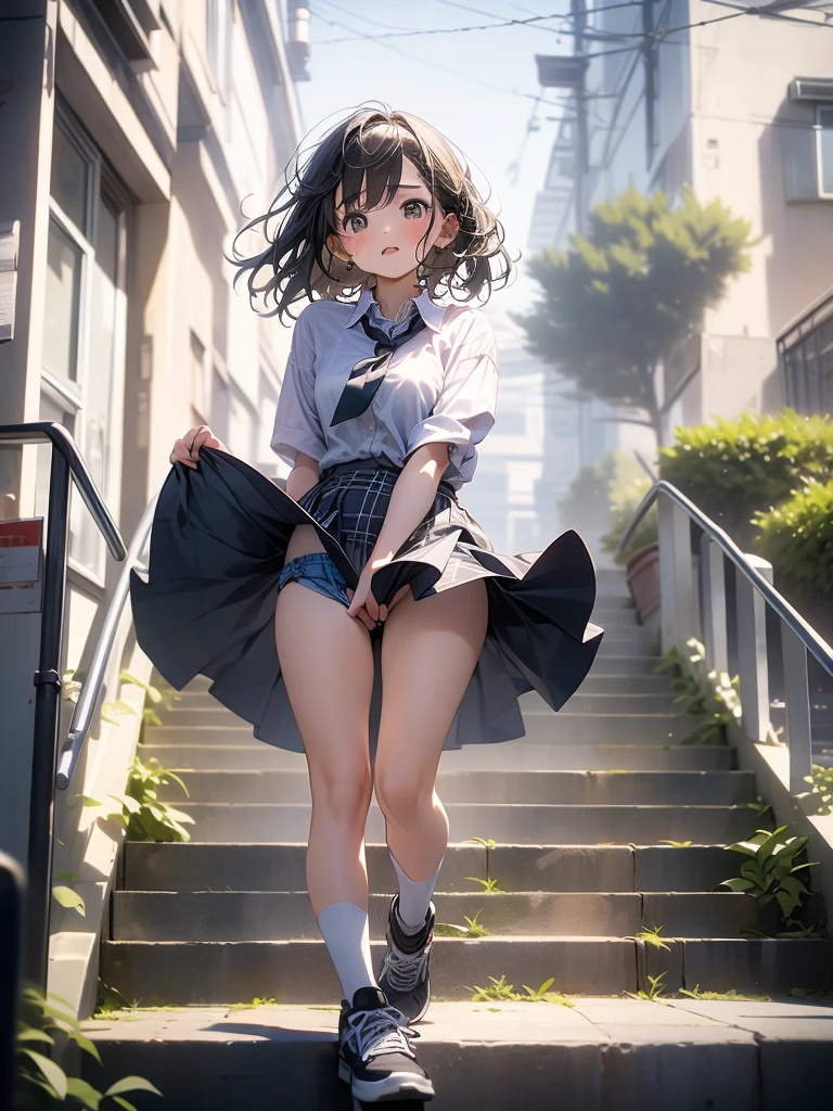 in 8K、top-quality、​masterpiece、ultra-detailliert、Ultra-high resolution、((1 persons))、girl with、校服、Braided hair、makeups、plaid skirts、heavy wind、((((Flip the skirt))))、(((panties on)))、View of the city